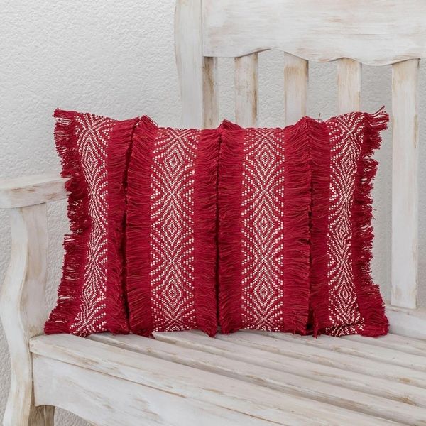 Alternate image for Chili and Eggshell Textured Cotton Cushion Cover Diamond Texture in Chili