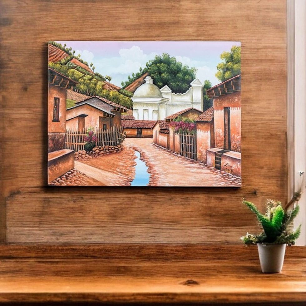 Signed Folk Art Painting of a Guatemalan Town 'San Juan Comalapa'