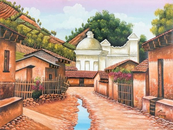 Alternate image for Signed Folk Art Painting of a Guatemalan Town San Juan Comalapa