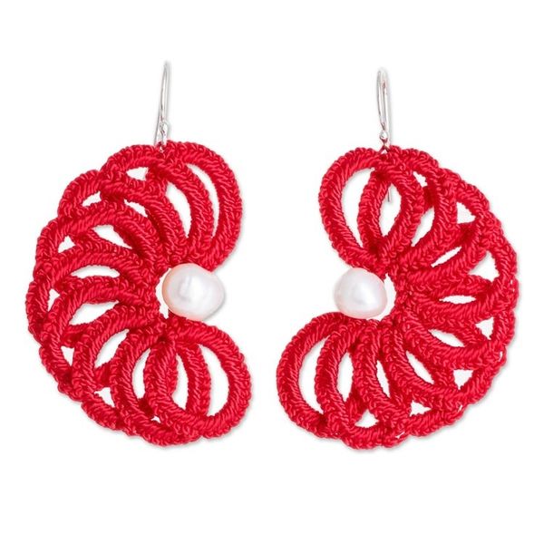 Alternate image for Hand-Tatted Cultured Pearl Dangle Earrings in Poppy Poppy Fans