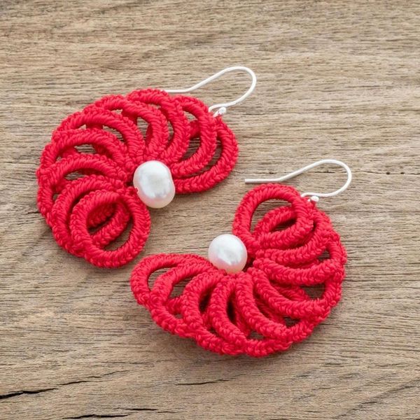 Alternate image for Hand-Tatted Cultured Pearl Dangle Earrings in Poppy Poppy Fans