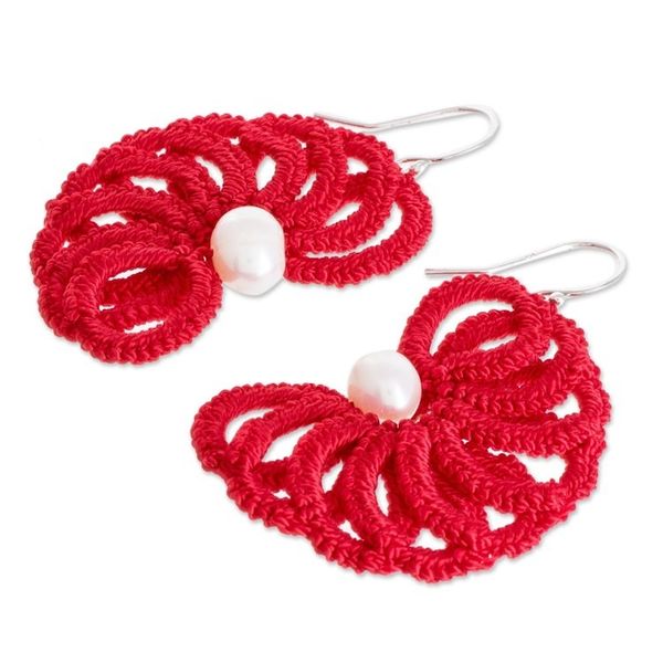Alternate image for Hand-Tatted Cultured Pearl Dangle Earrings in Poppy Poppy Fans