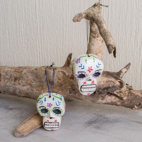 Alternate image for Reclaimed Wood Skull Ornaments Pair Holiday Skulls