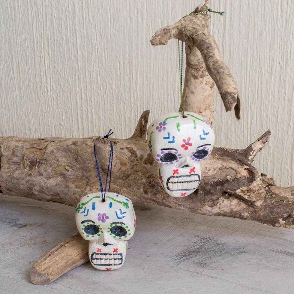 Reclaimed Wood Skull Ornaments Pair 'Holiday Skulls'