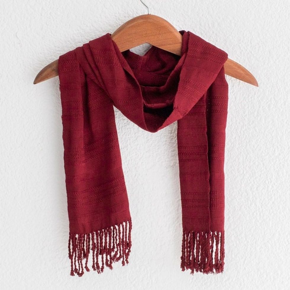 Wine Red Hand Woven Rayon Scarf with Fringe 'Color and Texture in Wine'