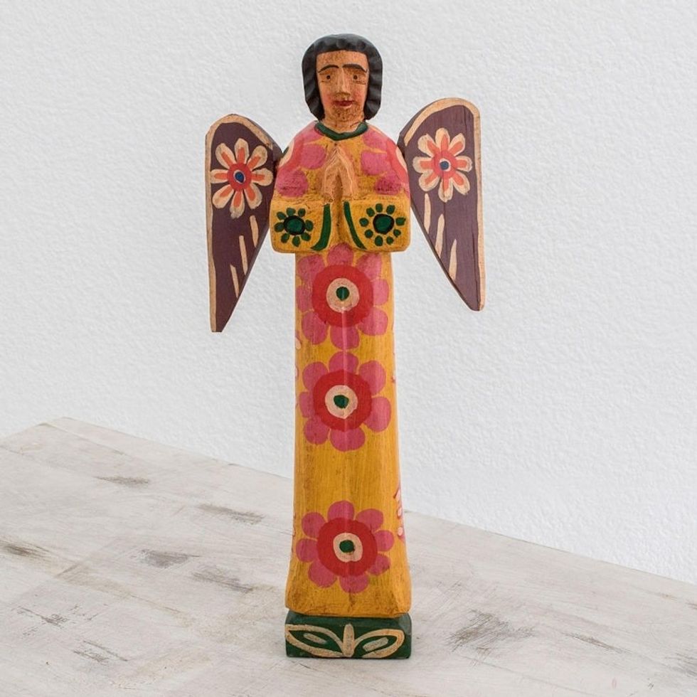 Hand-Painted Floral Wood Angel Statuette from Guatemala 'Call of God'