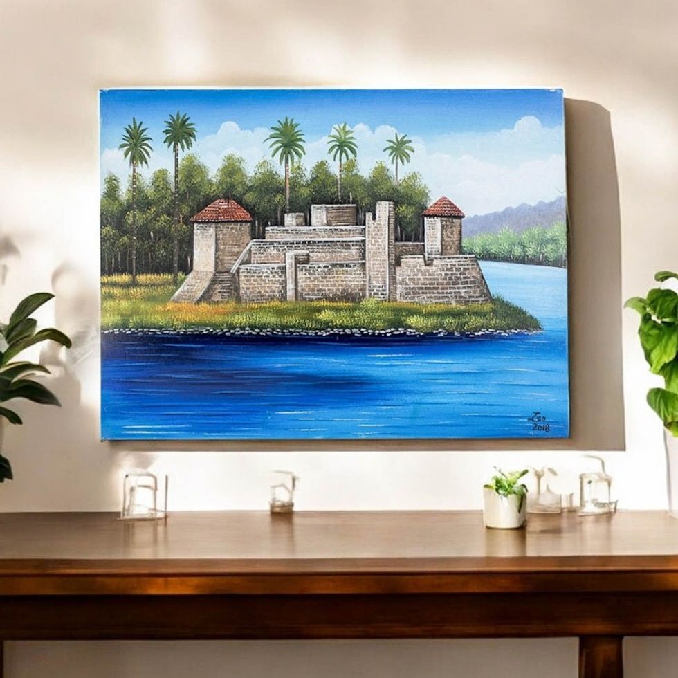 Signed Folk Art Painting of a Guatemalan Ruin 'Castle of San Felipe de Lara'