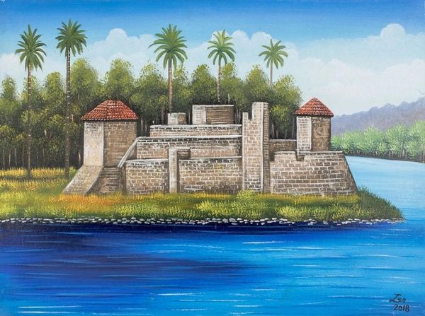 Alternate image for Signed Folk Art Painting of a Guatemalan Ruin Castle of San Felipe de Lara