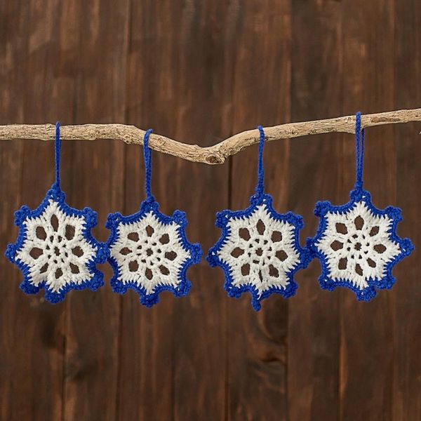 Alternate image for Hand-Crocheted Snowflake Ornaments in Sapphire Set of 4 Sapphire Snowflakes