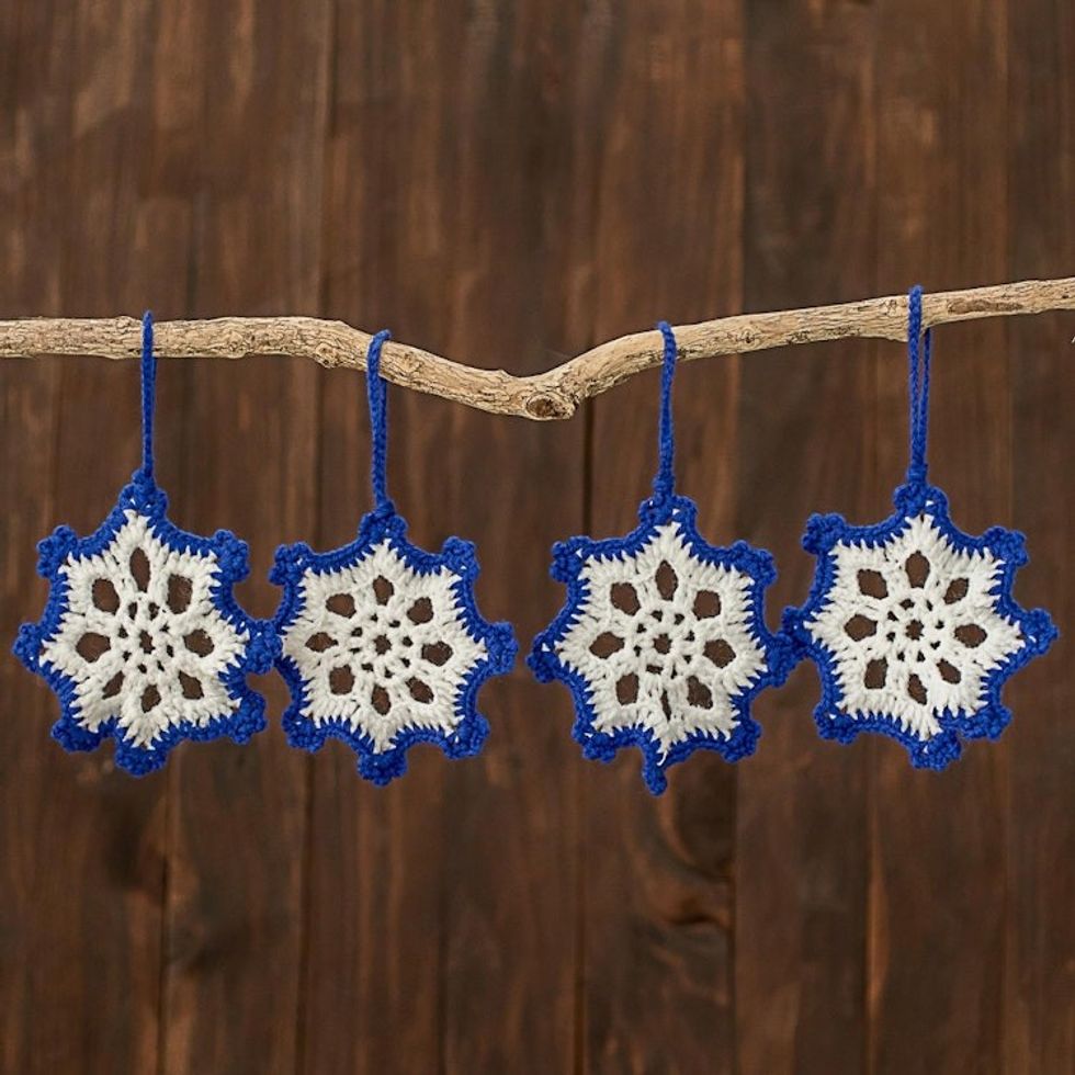 Hand-Crocheted Snowflake Ornaments in Sapphire Set of 4 'Sapphire Snowflakes'