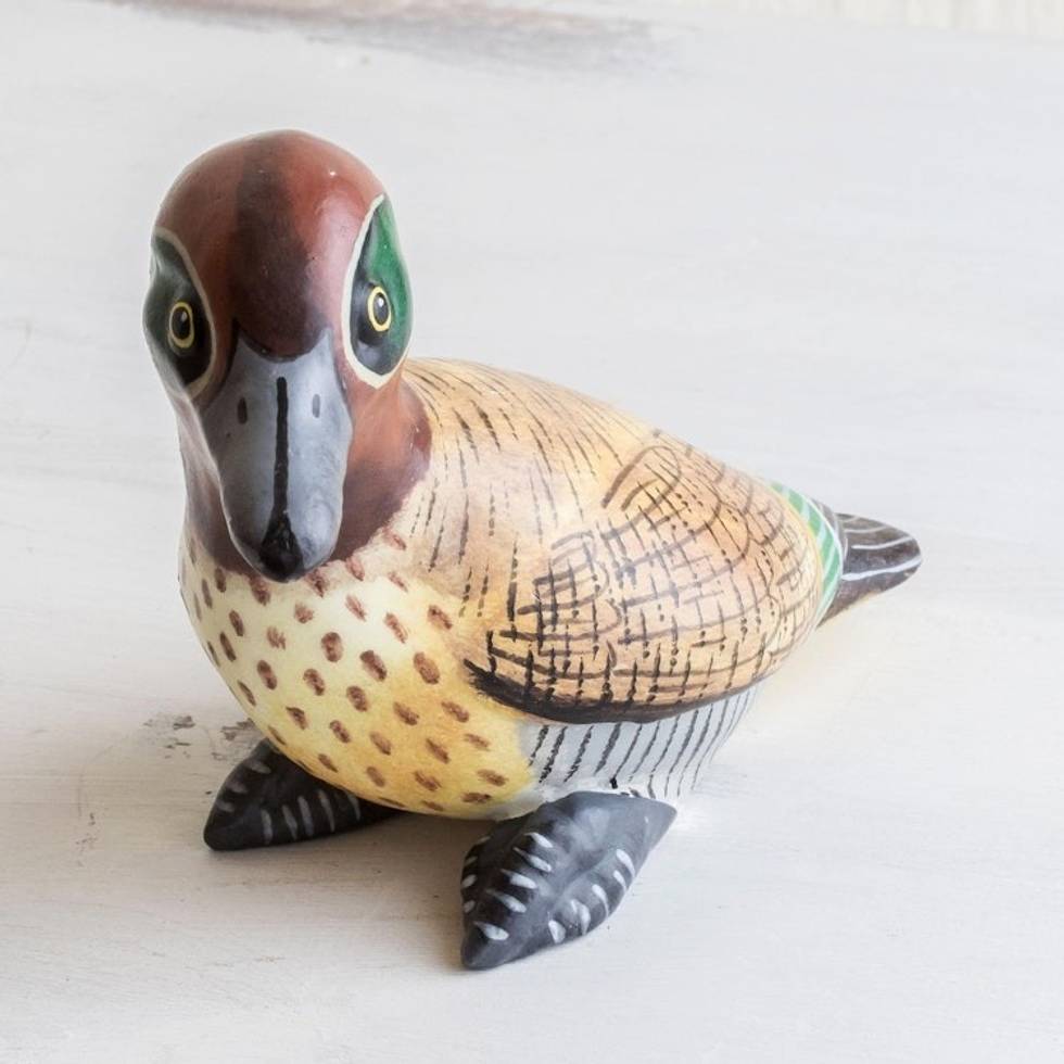 Hand-painted Ceramic Duck Patio Sculpture From Guatemala 'Green-Winged Teal'