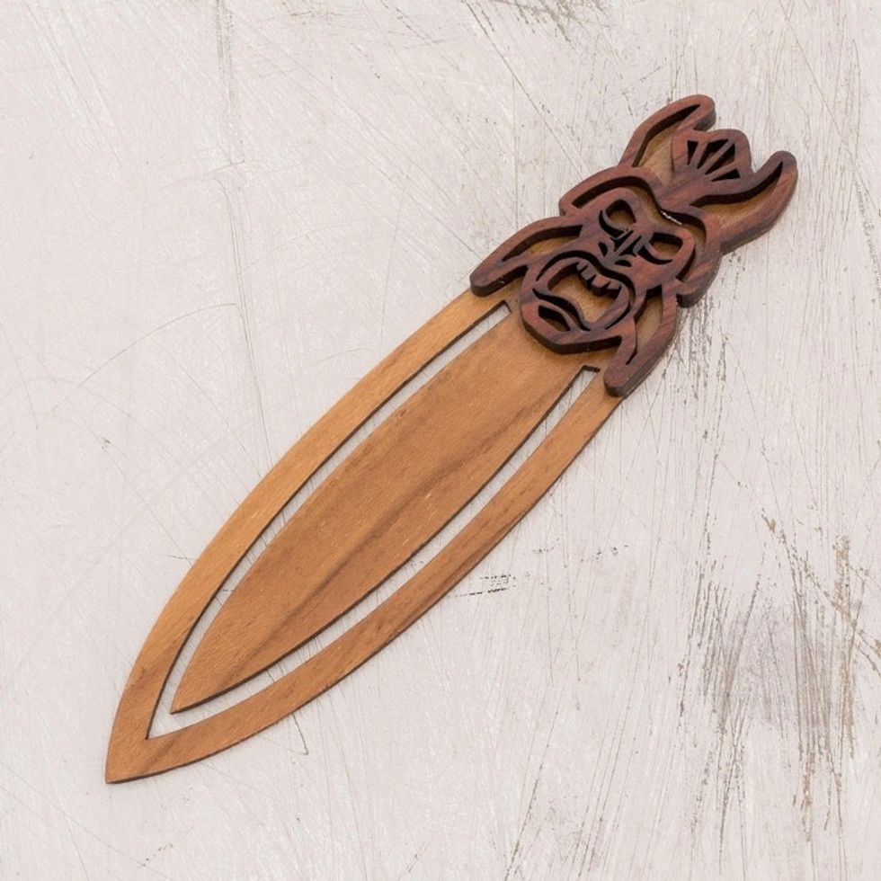 Boruca-Themed Teak Wood Bookmark from Costa Rica 'Boruca Mask'