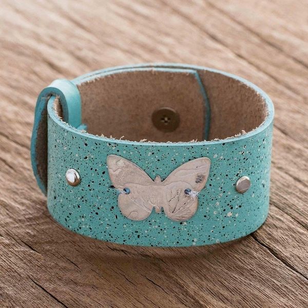 Alternate image for Blue Leather Wristband Bracelet with Butterfly Butterfly Medallion