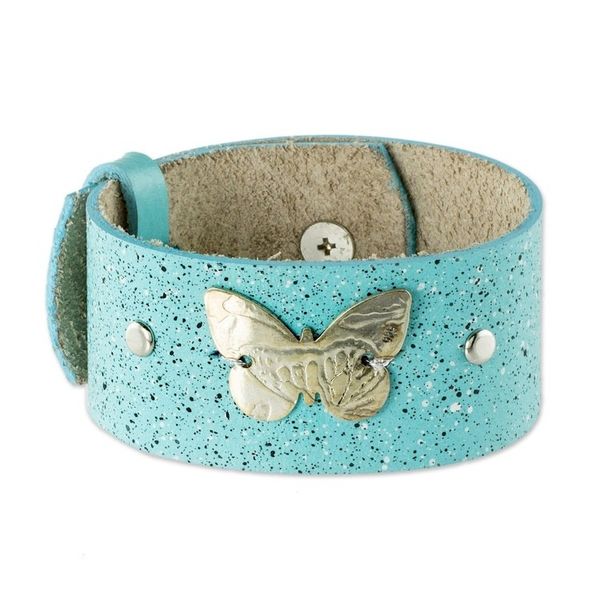 Alternate image for Blue Leather Wristband Bracelet with Butterfly Butterfly Medallion
