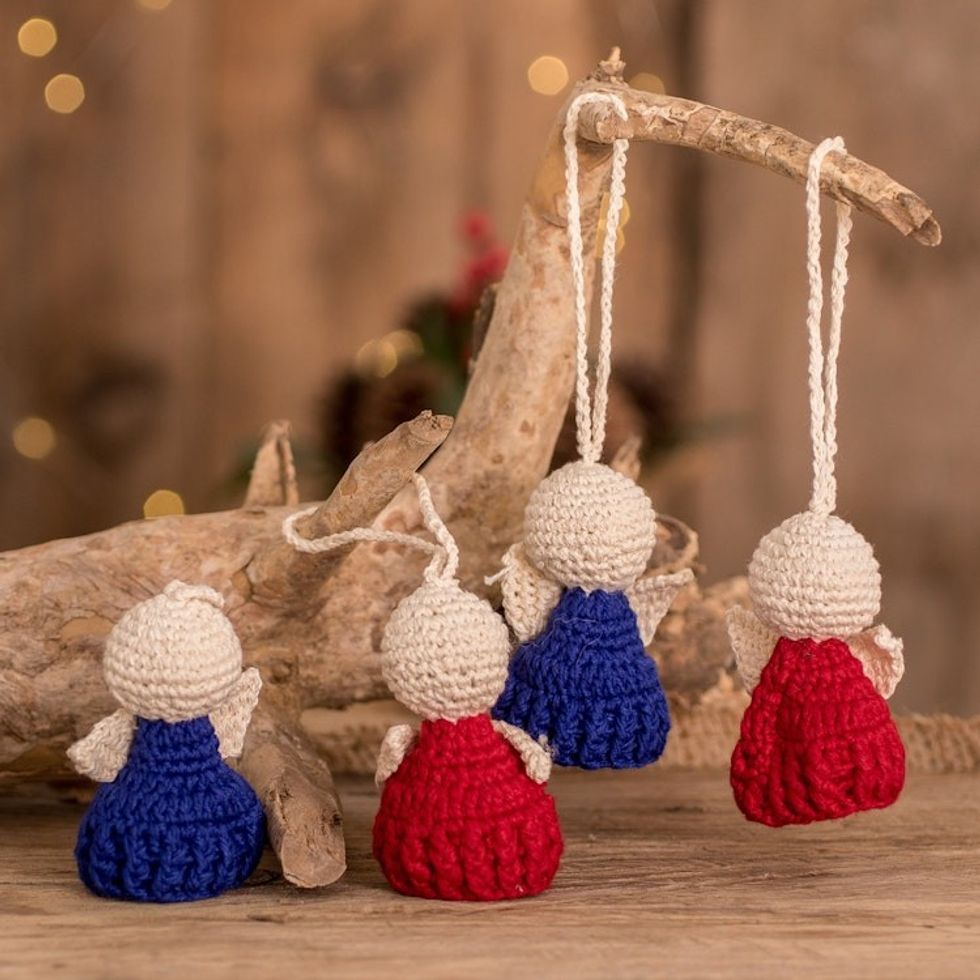 Red and Blue Cotton Angel Ornaments Set of 4 'Angelic Love'