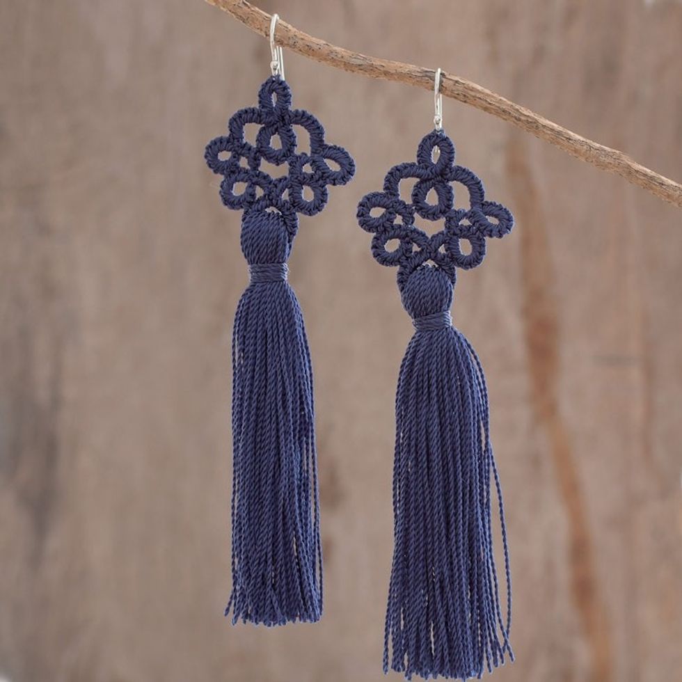 Hand-Tatted Indigo Dangle Earrings from Guatemala 'Antique Details in Indigo'