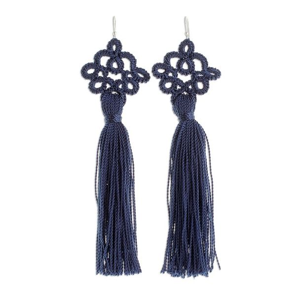 Alternate image for Hand-Tatted Indigo Dangle Earrings from Guatemala Antique Details in Indigo