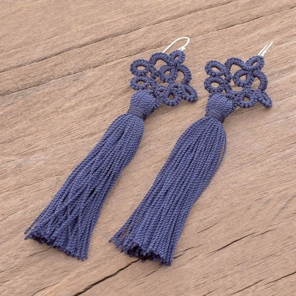 Alternate image for Hand-Tatted Indigo Dangle Earrings from Guatemala Antique Details in Indigo