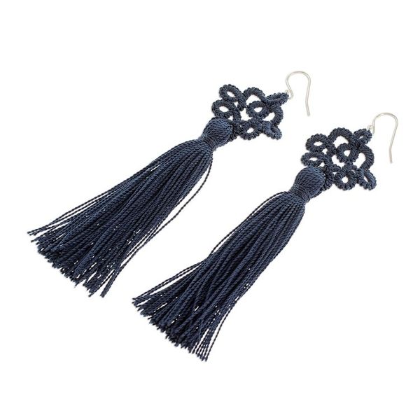 Alternate image for Hand-Tatted Indigo Dangle Earrings from Guatemala Antique Details in Indigo