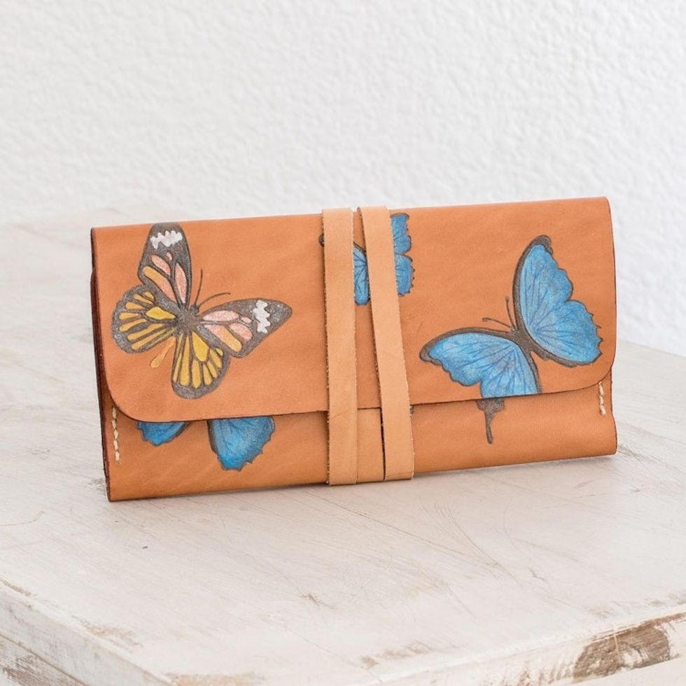 Hand-Painted Butterfly Motif Leather Wallet from Costa Rica 'Colors of Liberty'