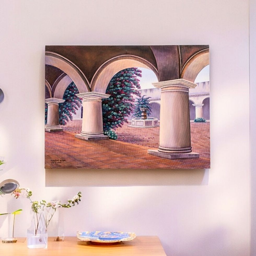 Signed Architectural Painting by a Guatemalan Artist 'Ancient Capuchinas'