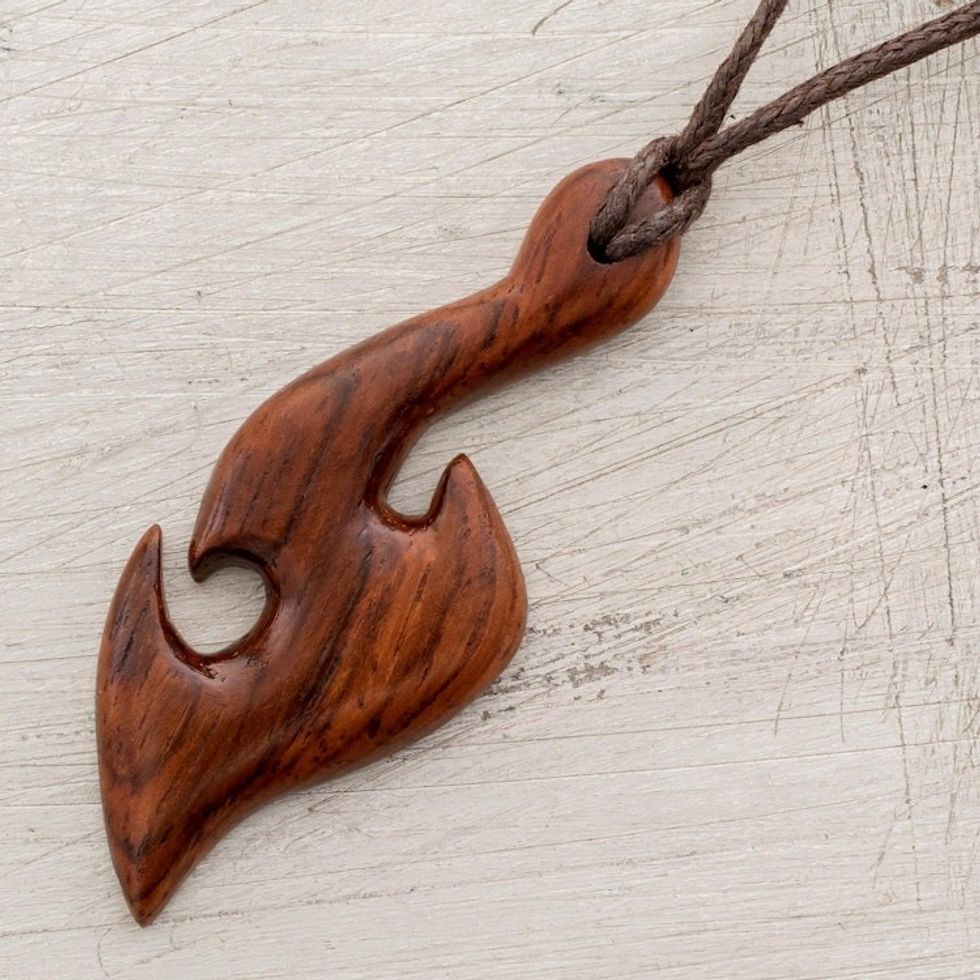Stylized Estoraque Wood Pendant Necklace from Costa Rica 'Estoraque Fish Hook'
