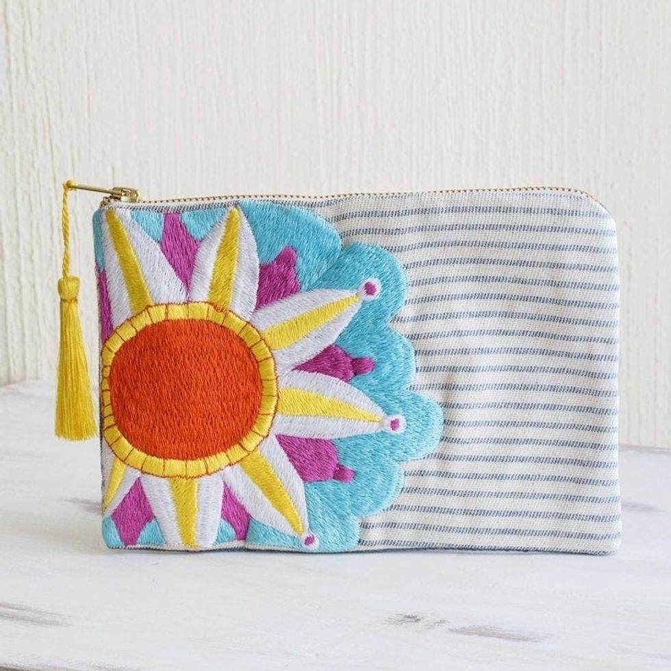 Sun Motif Embroidered Cotton Denim Cosmetic Bag 'Sky Blue Sunshine'