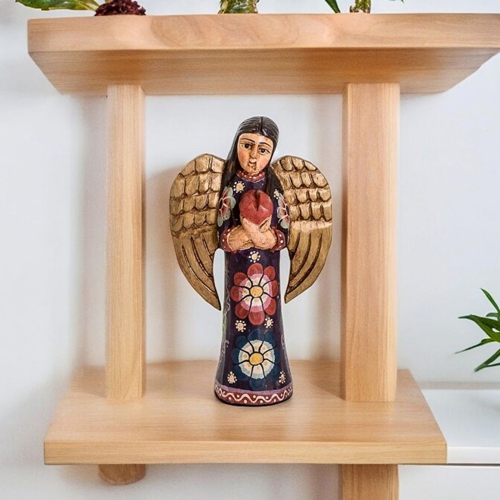 Floral Pinewood Sculpture of an Angel from Guatemala 'Comfort and Love Sculpture'