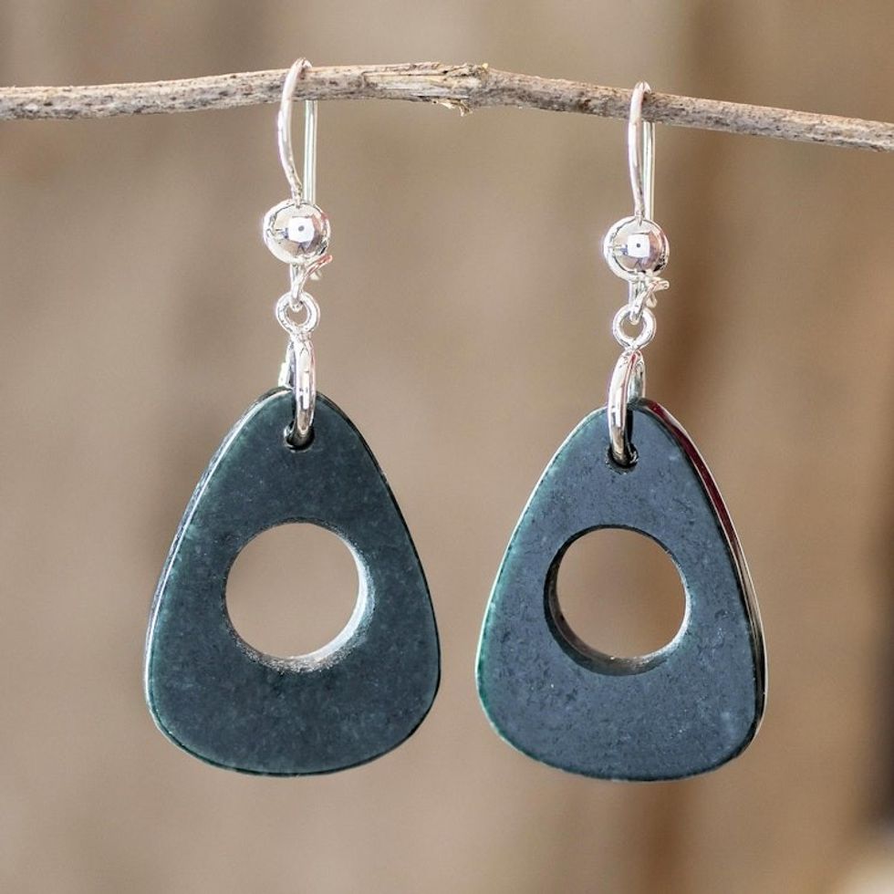 Natural Green Jade Dangle Earrings 'Strum in Dark Green'