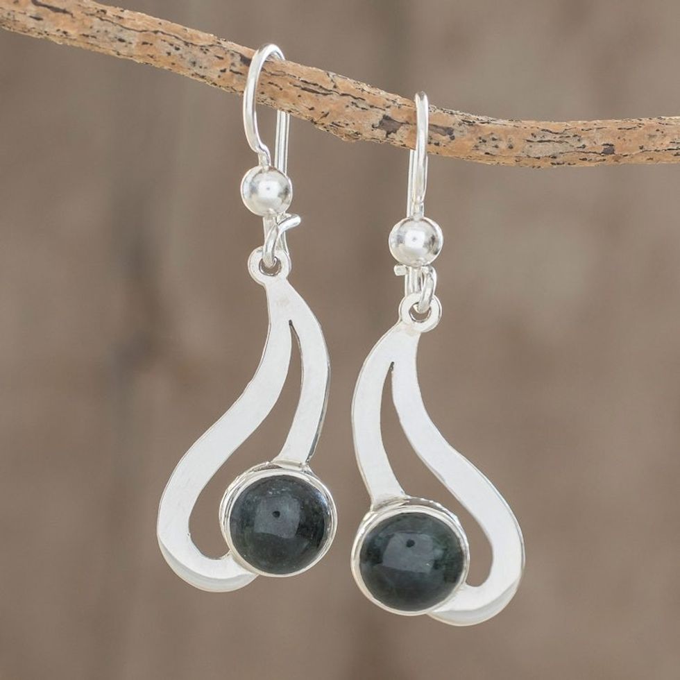 Teardrop Dark Green Jade Dangle Earrings from Guatemala 'Dark Green Maya Rain'