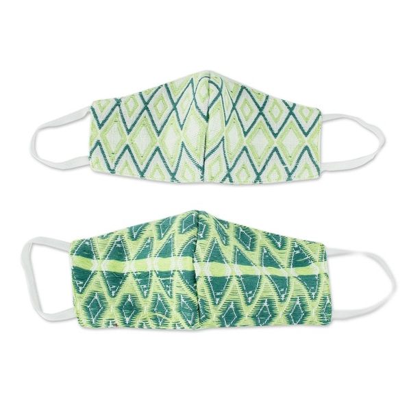 Alternate image for 2 Handwoven 3-Layer Masks in Green Cotton Brocades Green Maya Brocade