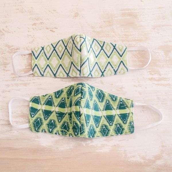 Alternate image for 2 Handwoven 3-Layer Masks in Green Cotton Brocades Green Maya Brocade