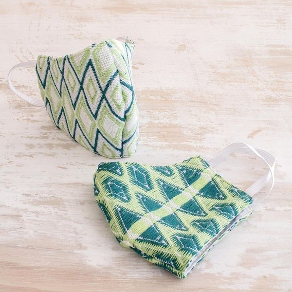Alternate image for 2 Handwoven 3-Layer Masks in Green Cotton Brocades Green Maya Brocade