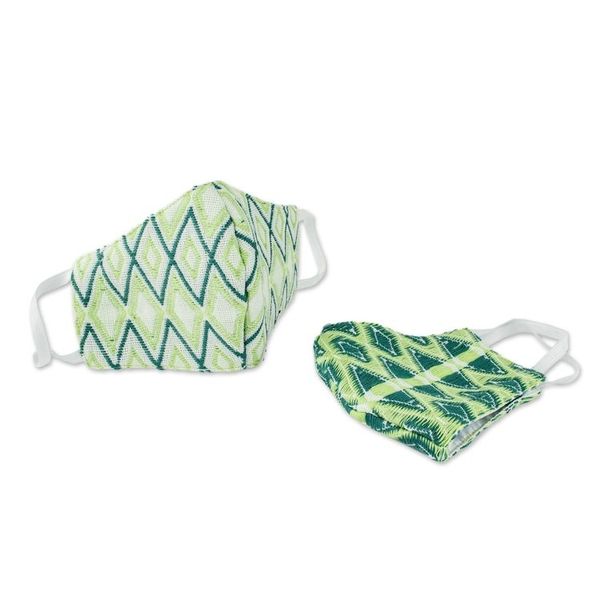 Alternate image for 2 Handwoven 3-Layer Masks in Green Cotton Brocades Green Maya Brocade