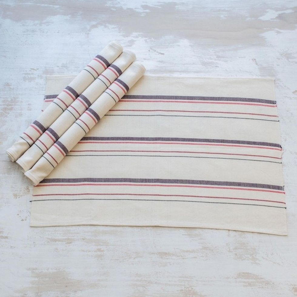 Striped Hand Woven Cotton Placemats Set of 4 'Individualist in Grape'