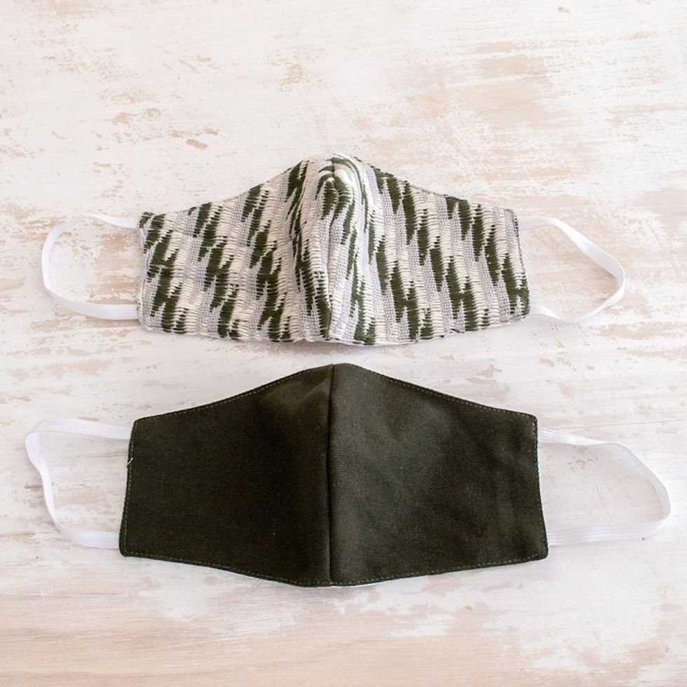 2 Handwoven Cotton Masks in Green Brocades Solid Brown 'Zigzag Brocade'