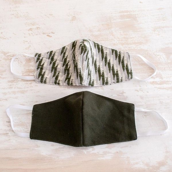 Alternate image for 2 Handwoven Cotton Masks in Green Brocades Solid Brown Zigzag Brocade