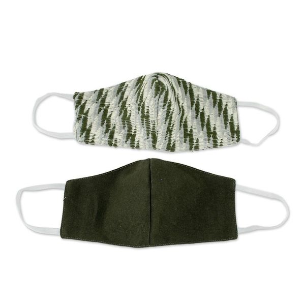 Alternate image for 2 Handwoven Cotton Masks in Green Brocades Solid Brown Zigzag Brocade