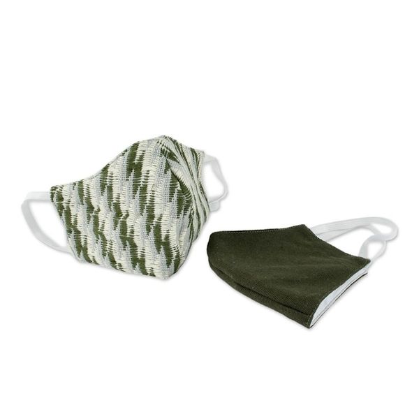 Alternate image for 2 Handwoven Cotton Masks in Green Brocades Solid Brown Zigzag Brocade