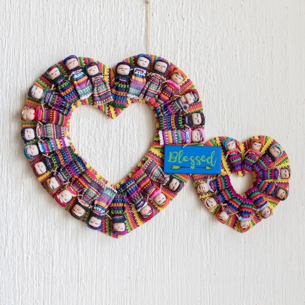 Handmade Guatemalan Worry Doll Double Heart Wreath 'Hearts are Blessed'