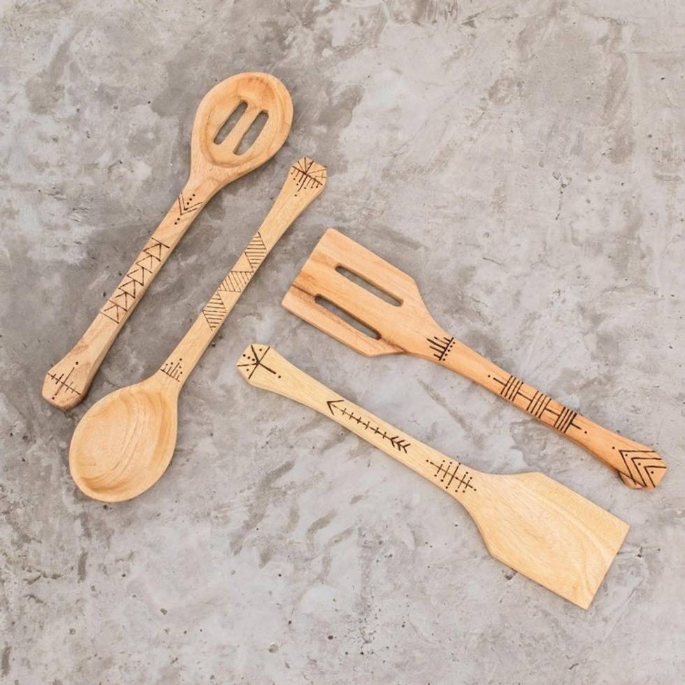 Handmade Cypress Wood Utensils from Guatemala Set of 4 'Culinary Flavor'