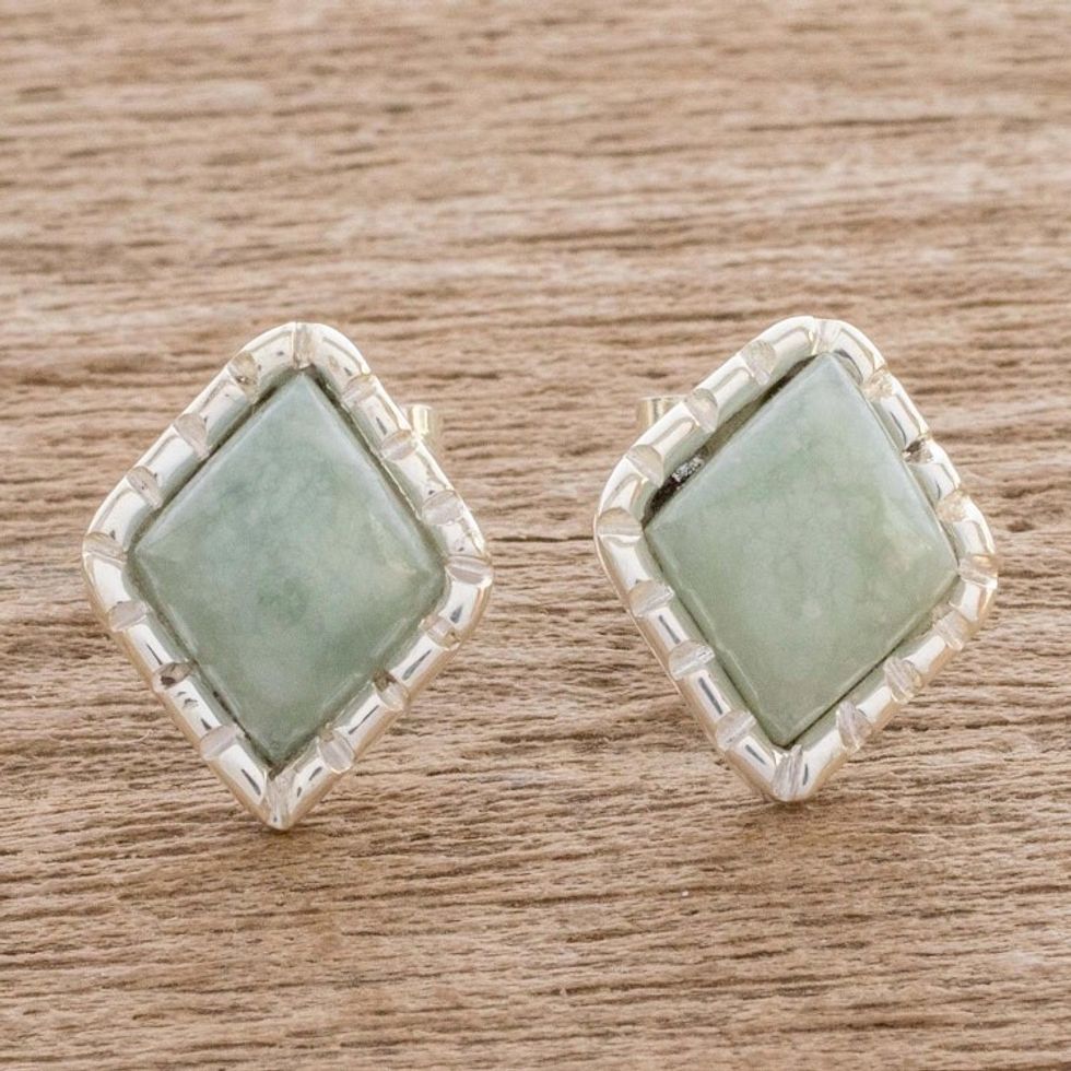 Sterling Silver Stud Earrings with Apple Green Jade Diamonds 'Apple Green Diamond'