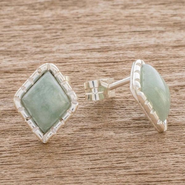 Alternate image for Sterling Silver Stud Earrings with Apple Green Jade Diamonds Apple Green Diamond