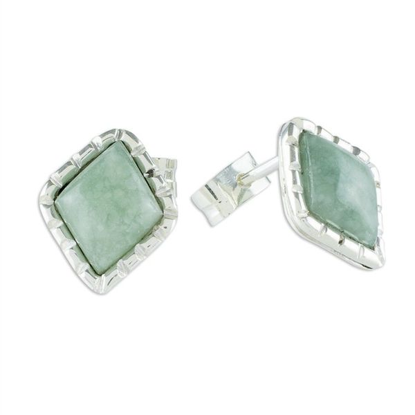 Alternate image for Sterling Silver Stud Earrings with Apple Green Jade Diamonds Apple Green Diamond