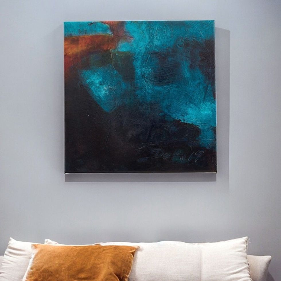 Signed Blue and Orange Abstract Painting from El Salvador 'Composition 351'