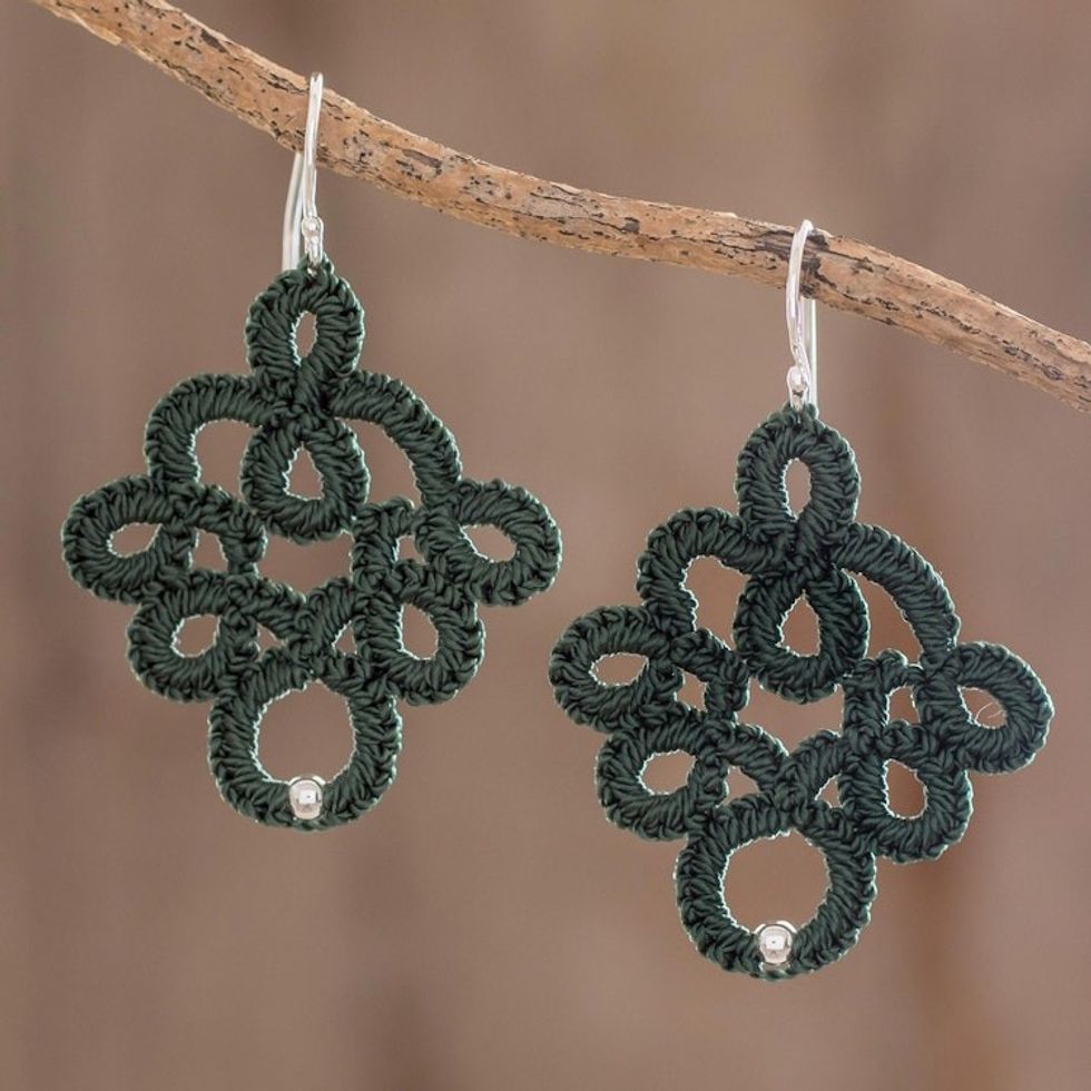 Hand-Tatted Dangle Earrings in Viridian from Guatemala 'Viridian Lace'