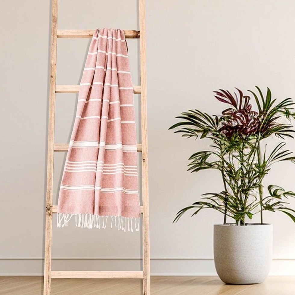 Handwoven Cotton Beach Towel in Carnation from Guatemala 'Fresh Relaxation in Carnation'