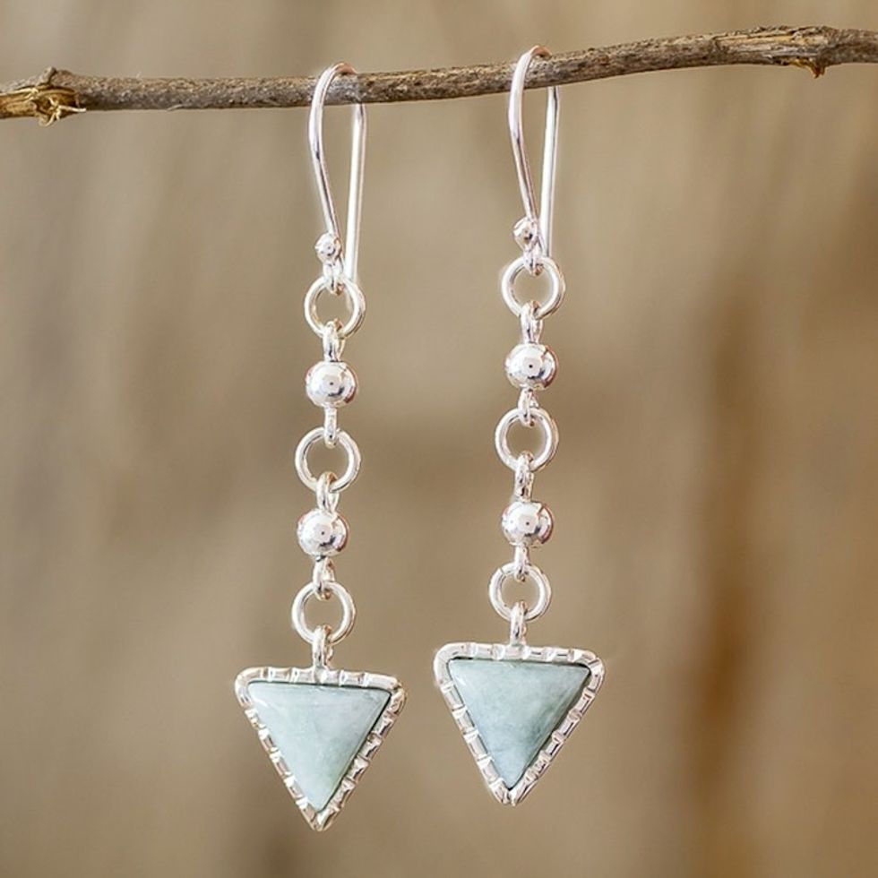 Triangular Jade Dangle Earrings from Guatemala 'Maya Chains in Light Green'