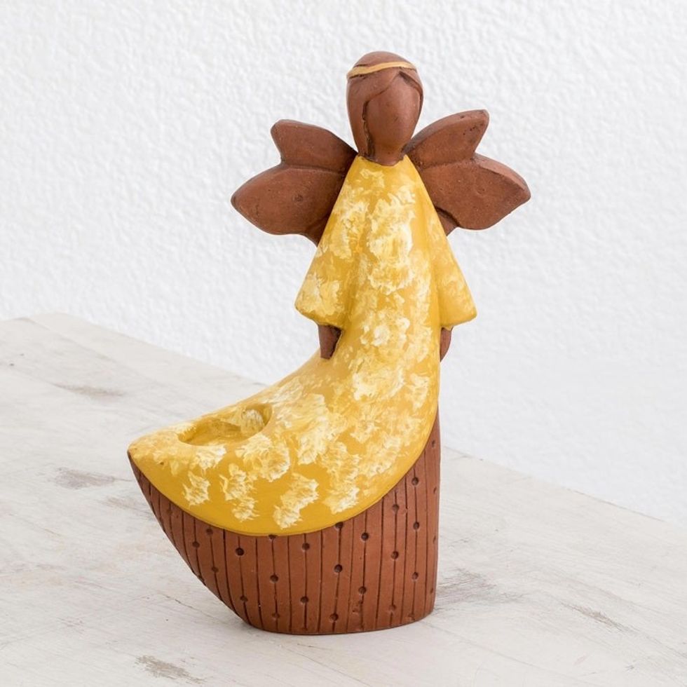 Yellow Ceramic Angel Tealight Candleholder from El Salvador 'Yellow Angel of Light'