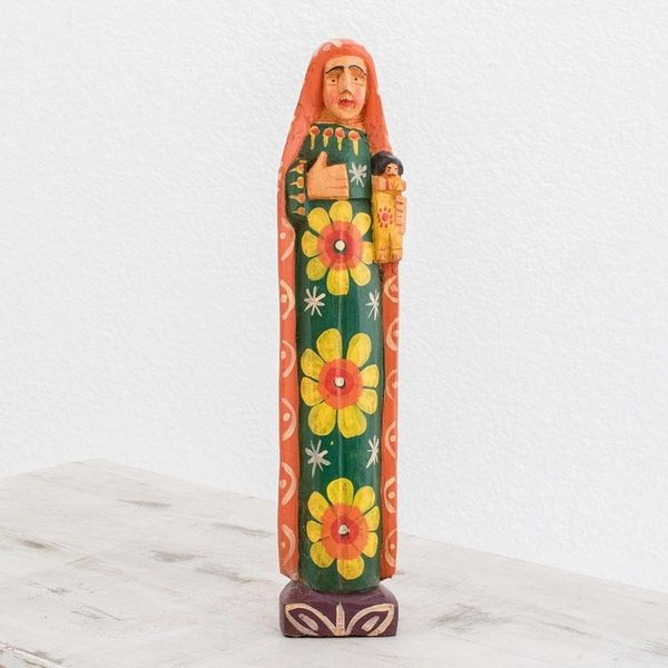 Alternate image for Floral Pinewood Mary Statuette Crafted in Guatemala Love for Mary